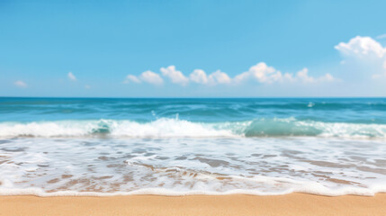 Fototapeta premium Serene Coastal Escape, a soft-focus depiction of gentle waves lapping at the shore, evoking a tranquil summer atmosphere with a soothing beach ambiance.