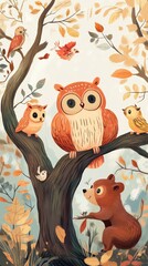 A painting of a tree with a group of animals on it, including a bear and an owl