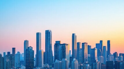 Urban Horizon, a vibrant city skyline against a clear sky, showcasing modern architecture and ample space for text, perfect for promotional or informational use.