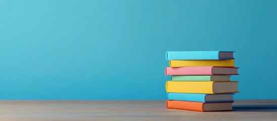 Fototapeta premium Stack of Colorful Books on a Wooden Table Against a Blue Wall