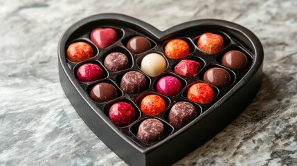 Jelly-filled chocolates arranged in a heart-shaped box, perfect for a sweet gift