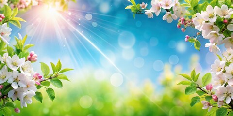 Obraz premium Springtime change background featuring blooming flowers, green leaves, and a bright blue sky