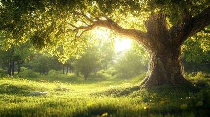 Fototapeta premium Sunlit Tree in a Lush Forest