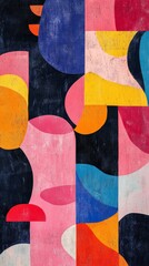 A colorful abstract painting with a blue and pink background