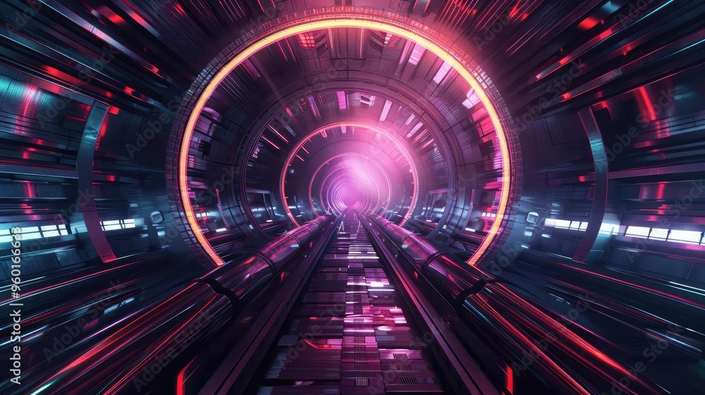 Aufkleber futuristic tunnel with vibrant neon lights and depth, creating a mesmerizing visual effect and a sen