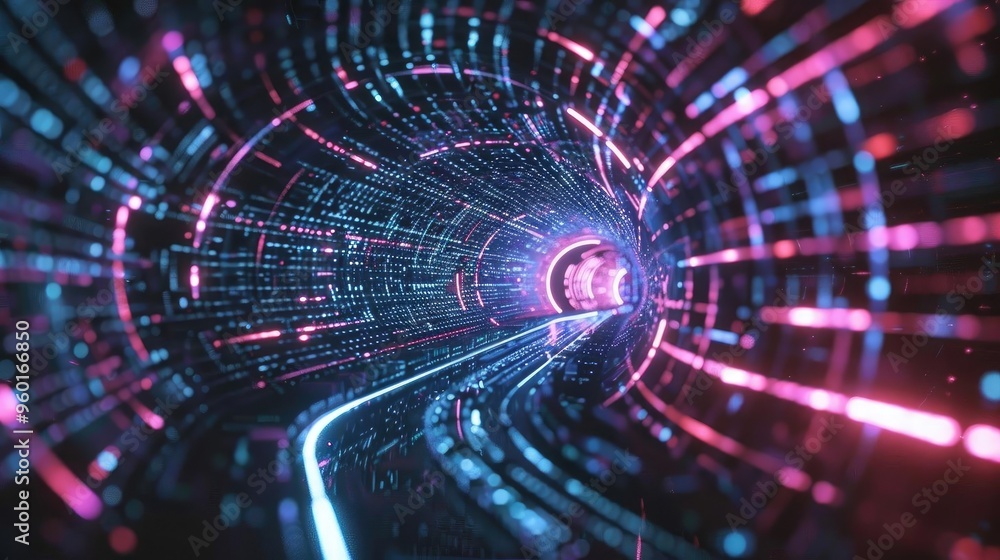 Poster a vibrant digital tunnel showcasing futuristic neon lights and complex patterns, symbolizing speed a