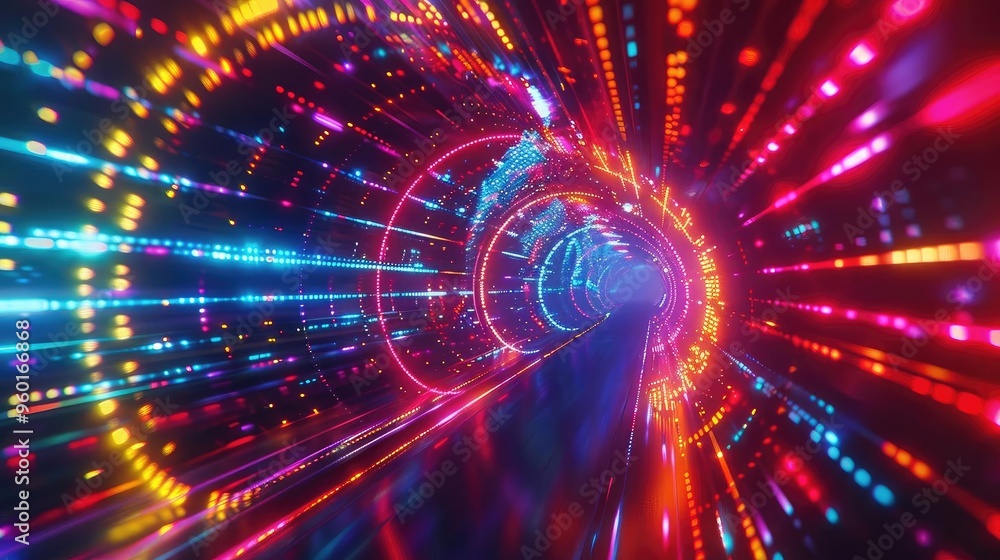 Poster vibrant abstract tunnel of colorful light streaks, creating a dynamic and futuristic atmosphere.