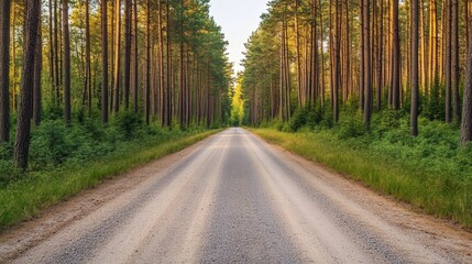 Naklejka premium Rustic gravel road winding through a serene pine forest, showcasing the tranquil beauty of nature, inviting exploration and a sense of peaceful solitude