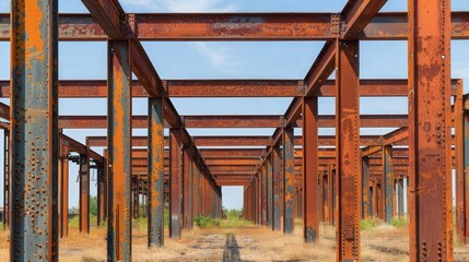 Obraz premium Decay of Industry, weathered metal frames, remnants of a bygone era, muted colors, overgrown weeds, a haunting glimpse into forgotten labor and history's echoes