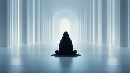 Female Sufi in black abaya seated in expansive white mosque, intricate architectural details surround her, serene atmosphere, harmonious blend of spirituality and elegance