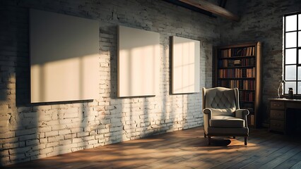 Three blank frame in brick loft room