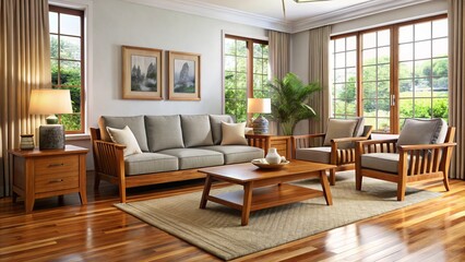Teak furniture fills this serene living room, featuring a stylish sofa, matching armchair, and a minimalist coffee