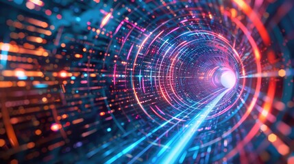 Fototapeta premium A vibrant digital tunnel showing beams of light and flowing data. Perfect for technology, abstract, and futuristic themes.