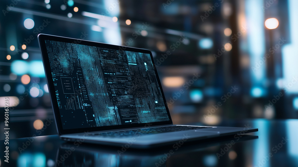 Poster a high-end laptop mockup with a futuristic design, placed on a blurred background of a modern tech w