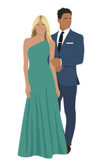 Beautiful couple wearing evening formal outfit for celebration, wedding, event, party. Happy man and woman in gorgeous clothes vector realistic illustration isolated on transparent background