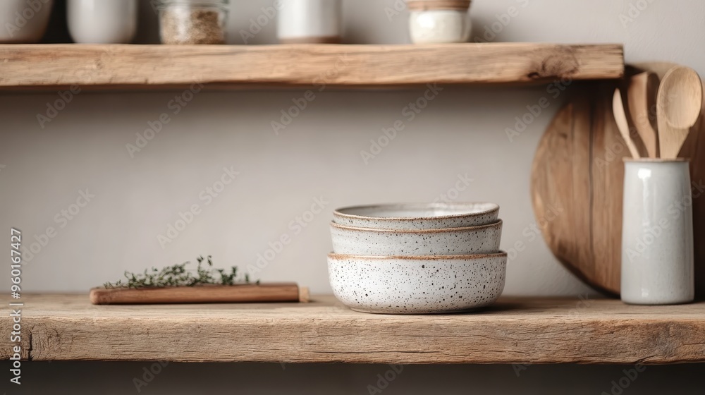 Wall mural A beautifully styled kitchen features minimalist, rustic wooden shelves holding various ceramic and wooden kitchenware, embodying a serene and organized culinary space.