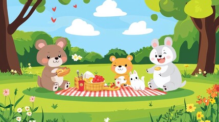 Obraz premium A family of animals participating in a family activity, having a picnic in the park