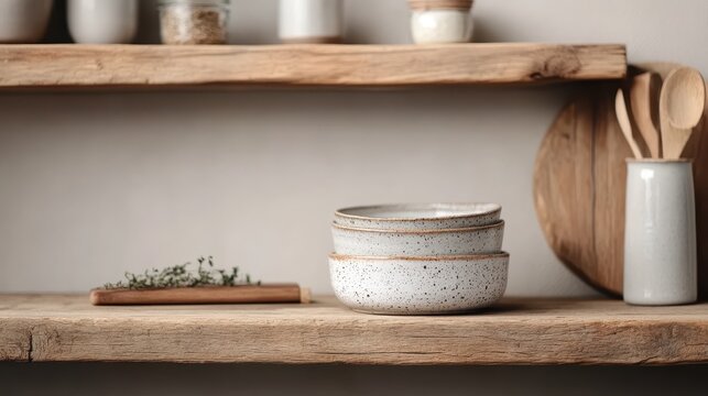 A beautifully styled kitchen features minimalist, rustic wooden shelves holding various ceramic and wooden kitchenware, embodying a serene and organized culinary space.