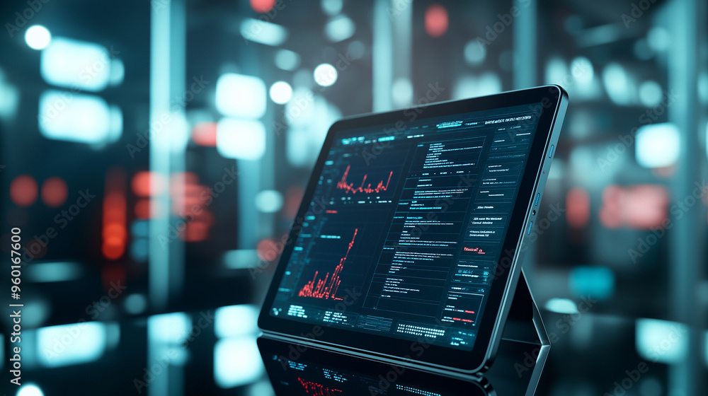 Poster a futuristic tablet mockup with a sharp interface, set against a blurred background of a high-tech o