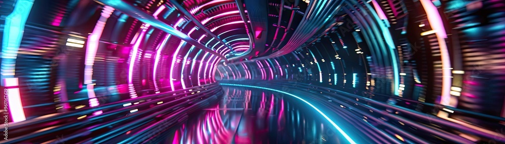 Poster a futuristic tunnel illuminated by vibrant neon lights, creating a dynamic and immersive visual expe