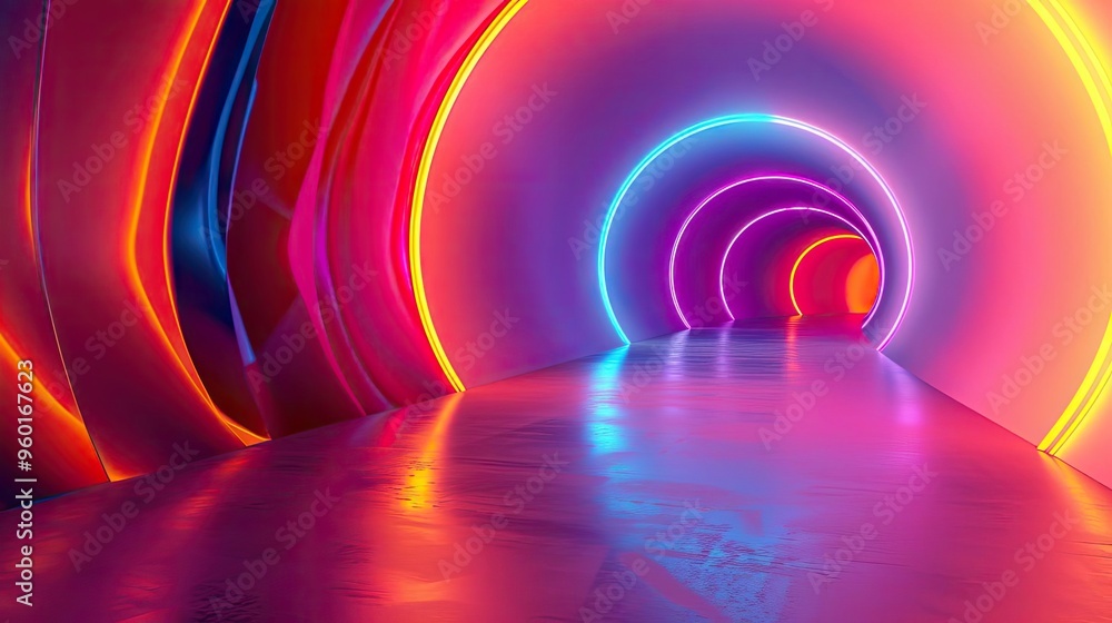 Poster vibrant tunnel illuminated with colorful neon lights, creating a mesmerizing futuristic atmosphere a