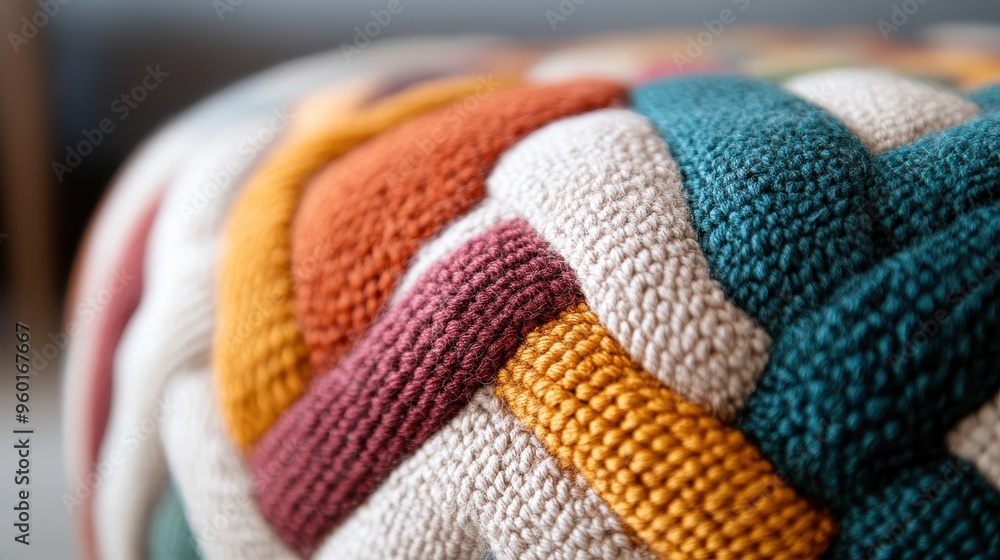 Poster a close-up view of a vibrant woven textile featuring an intricate pattern of interwoven threads in v