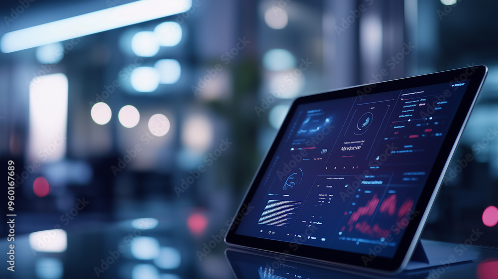 Poster a futuristic tablet mockup with a sharp interface, set against a blurred background of a high-tech o