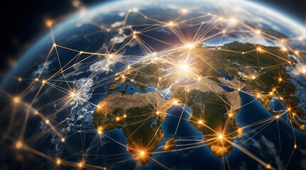 Global business network with world map and connecting flight paths