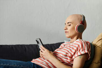 A bald woman enjoys music on headphones, deeply engrossed in her phone on a cozy couch.