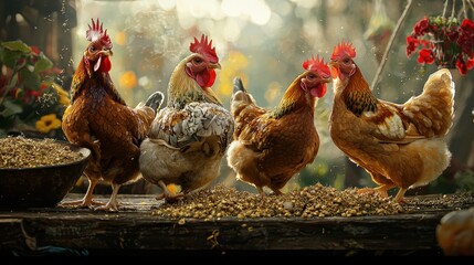 4h realistic chickens eating feed 