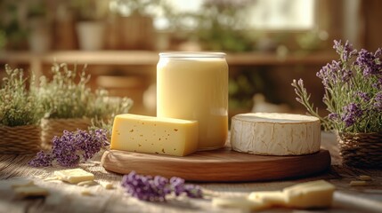 A rustic display of dairy products, featuring a jar of milk, assorted cheeses, and fresh lavender, arranged on a wooden board in a cozy, sunlit setting.