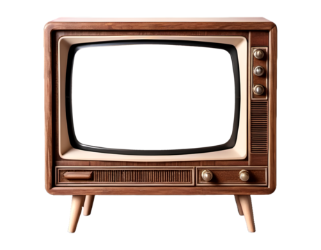 Retro wooden TV box cut out with frame screen cut out, television of 1970s or 80s wood vintage historical show blank monitor png isolated transparent background 