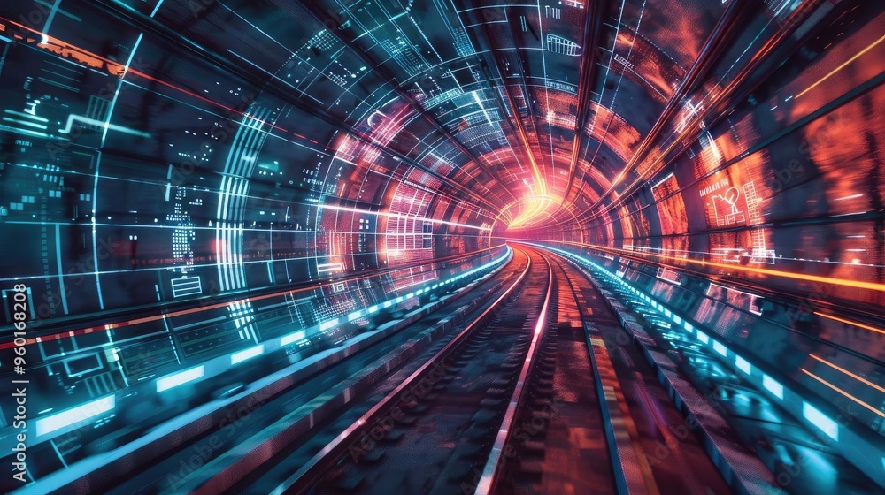 Poster a vibrant and dynamic digital tunnel illuminated by colorful lights, symbolizing technology and moti