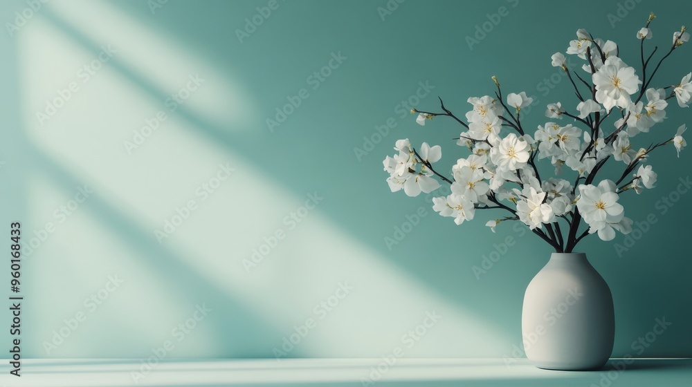 Poster an elegant vase filled with white flowers casts a beautiful shadow on a turquoise backdrop, creating