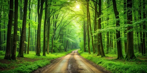 Naklejka premium A stunning image of green forest lanes parting on a dirt road