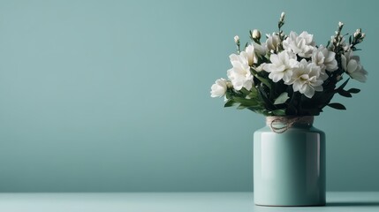 This image features an artistic arrangement of white flowers in a teal ceramic vase against a calm blue backdrop, exuding a peaceful and sophisticated charm.