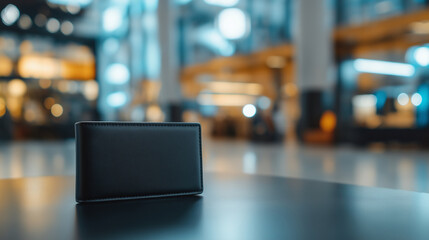 A high-end wallet mockup in a clean design, showcased on a blurred background of a luxury retail store.