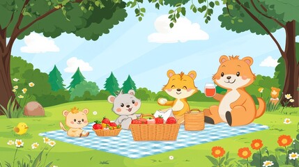 A family of animals participating in a family activity, having a picnic in the park