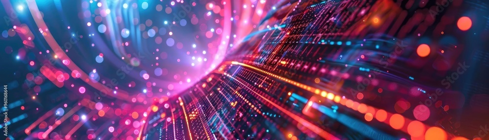 Poster abstract scene featuring colorful light trails and glowing particles, evoking a sense of dynamic mov