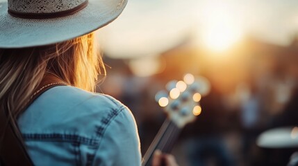 This serene image features a back view of a woman playing guitar at an outdoor concert during sunset, capturing the atmosphere of music and tranquility in the setting sun.