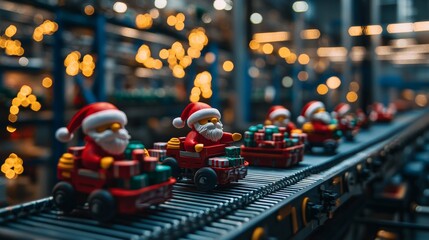 Mini Santa Claus figures on an assembly line with Christmas presents