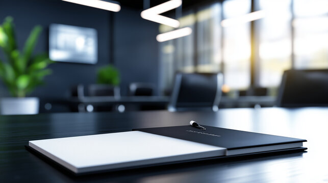 A sleek business portfolio mockup in a modern design, placed on a blurred background of a corporate meeting room.