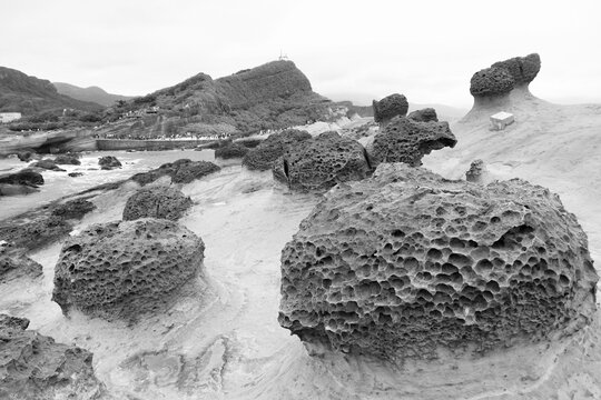 Taiwan Yehliu Geopark. Black and white retro style.