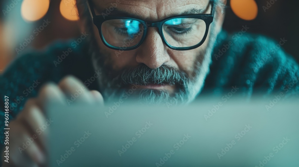 Poster a person reading a document with intense focus in a dim, ambient light setting, illustrating concent