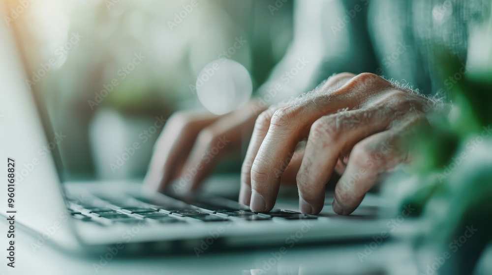 Poster two hands actively typing on a laptop keyboard, surrounded by a shallow depth of field and green blu