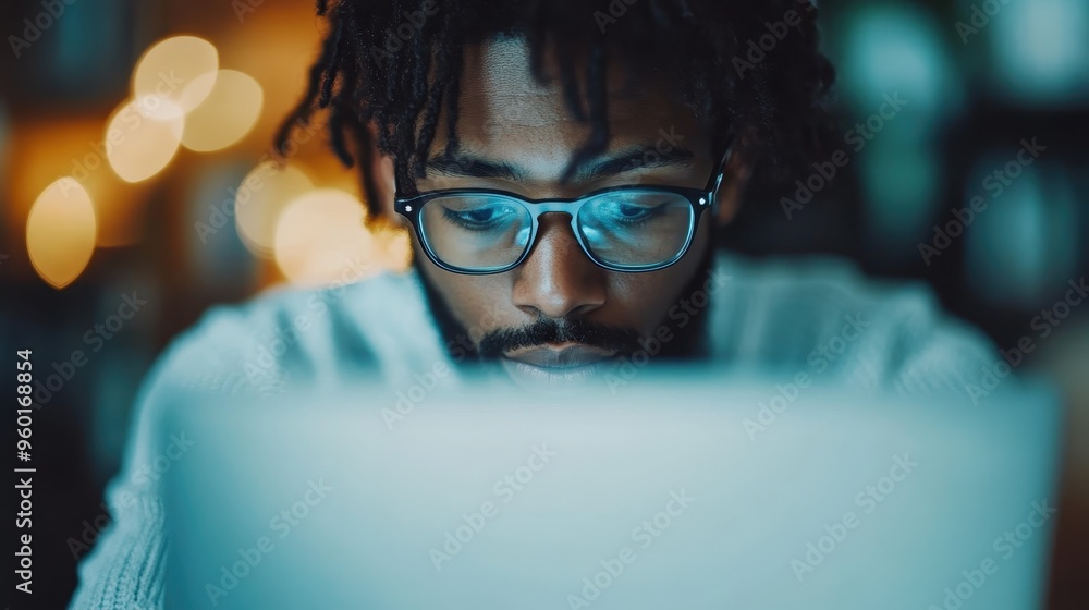 Poster back view of a person with dreadlocks using a laptop, highlighted by blurred bokeh lights in the bac