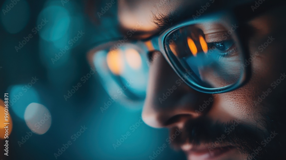 Poster an abstract image featuring blurred bokeh lights in various blue and orange hues, creating a visuall