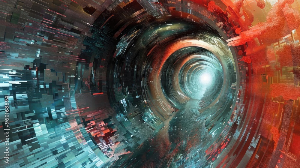 Poster an abstract tunnel of vivid colors and dynamic motion, evoking a sense of depth and exploration in a
