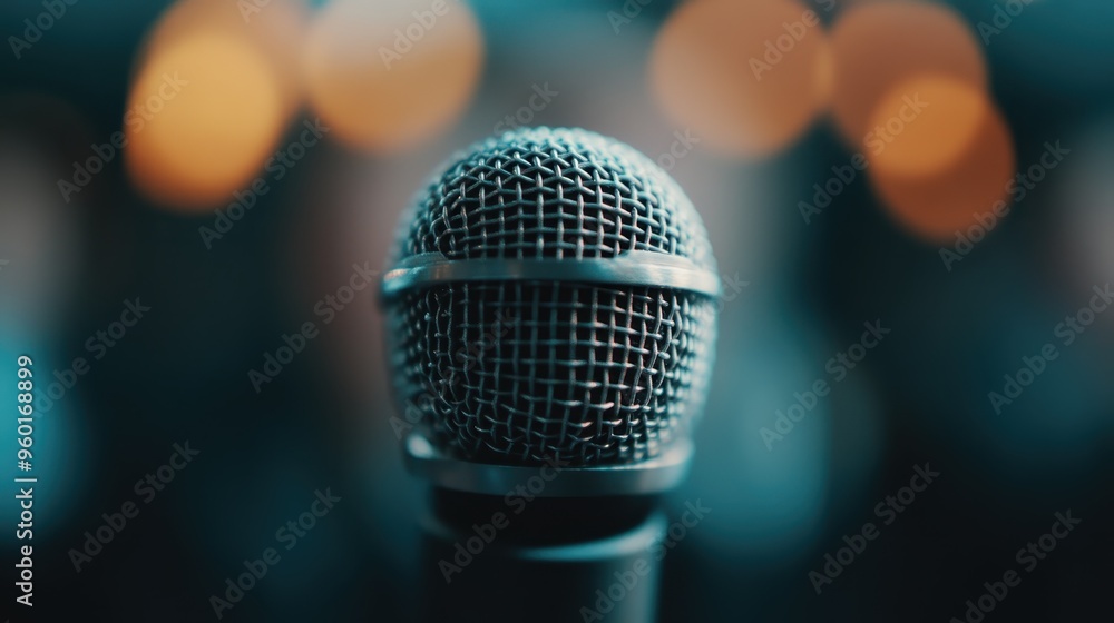 Poster a detailed view of a microphone, highlighting its intricate mesh pattern, with a soft blurred backgr
