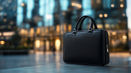 A high-end briefcase mockup in a clean design, set against a blurred background of an upscale business district.